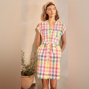 Boden Short Sleeve Evie Linen Shirt Mini Dress in Iguana Party Pink Gingham